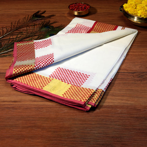 kasavu saree with check prints in red color