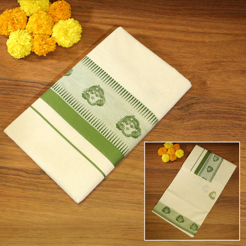 kerala cotton saree with krishna in leafy green color