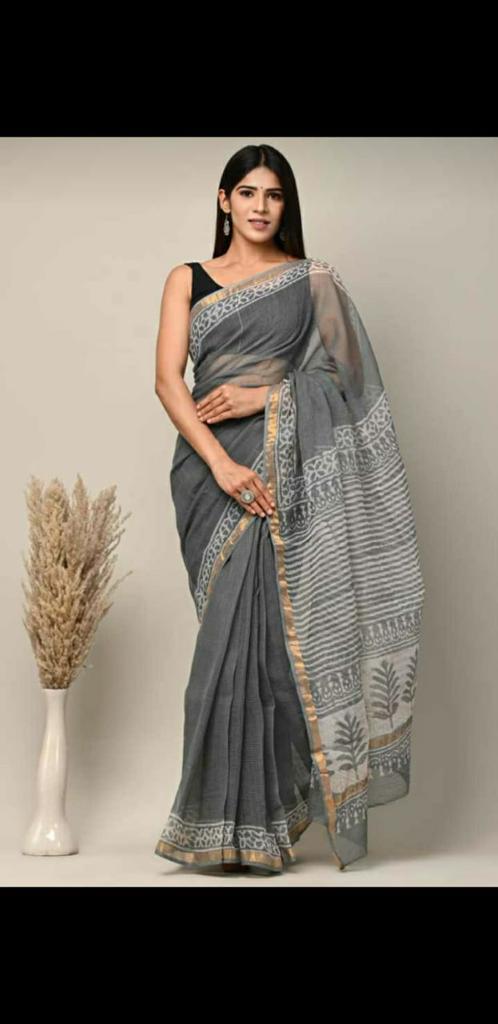 Castleton Green Dapper KotaDoria Dye Block Printed Cotton Saree With Blouse