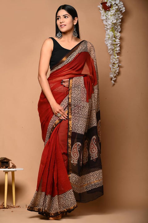 kota doria saree with red and black combination