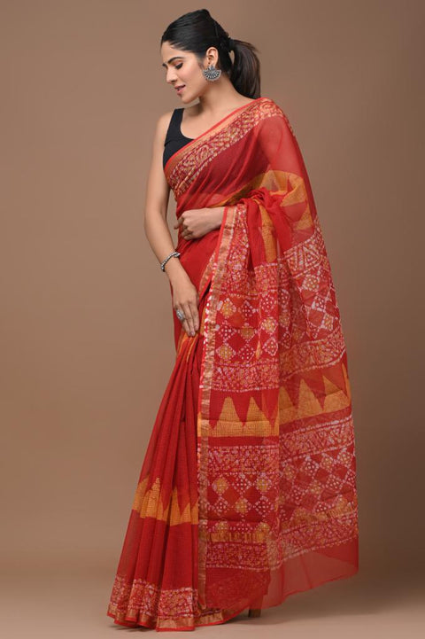 kota doria saree with red yellow combination